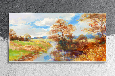 Autumn scenery by the river Glass Print