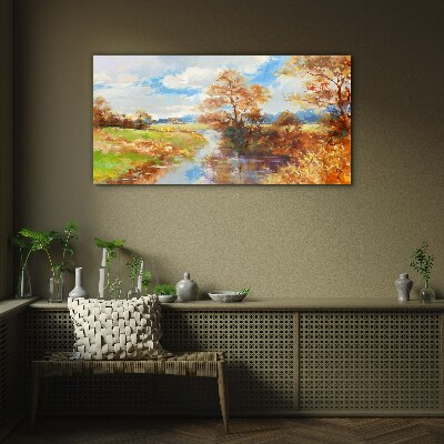 Autumn scenery by the river Glass Print