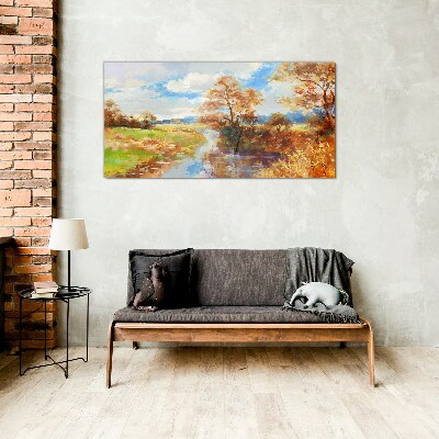 Autumn scenery by the river Glass Print