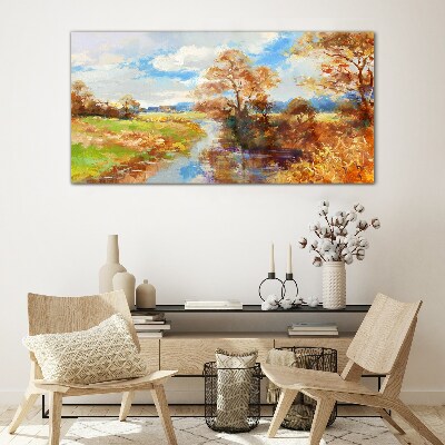 Autumn scenery by the river Glass Print