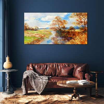 Autumn scenery by the river Glass Print