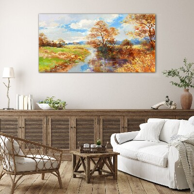 Autumn scenery by the river Glass Print