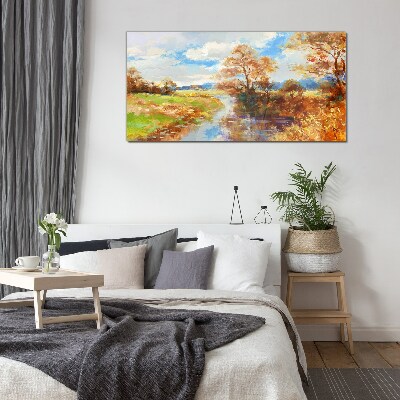 Autumn scenery by the river Glass Print