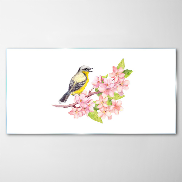 Bird on a branch with flowers Glass Wall Art