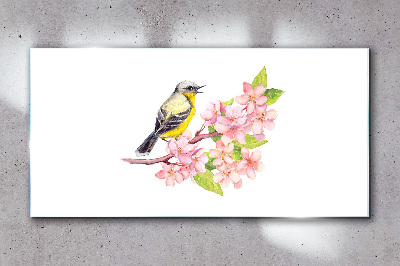 Bird on a branch with flowers Glass Wall Art