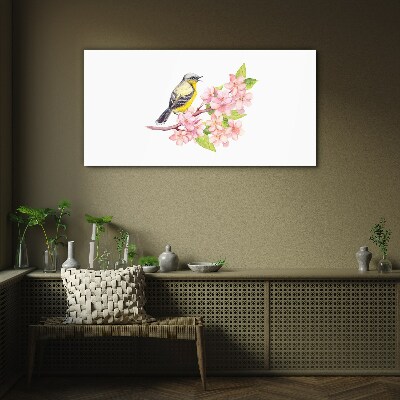 Bird on a branch with flowers Glass Wall Art