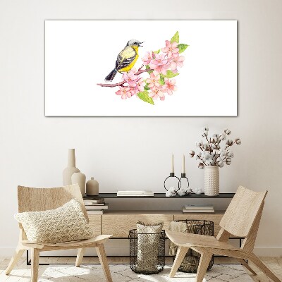 Bird on a branch with flowers Glass Wall Art