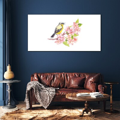 Bird on a branch with flowers Glass Wall Art