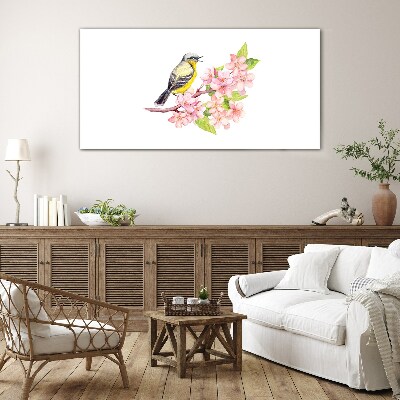 Bird on a branch with flowers Glass Wall Art