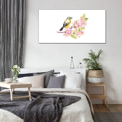 Bird on a branch with flowers Glass Wall Art
