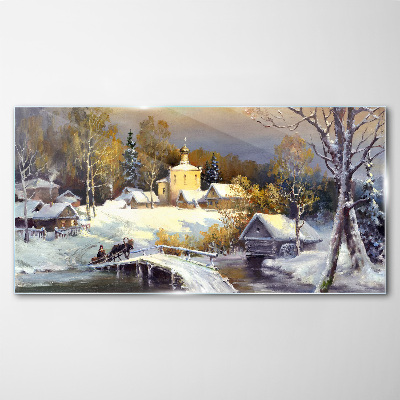 Winter landscape with a village church Glass Print