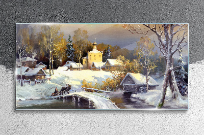 Winter landscape with a village church Glass Print