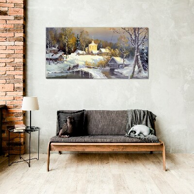 Winter landscape with a village church Glass Print