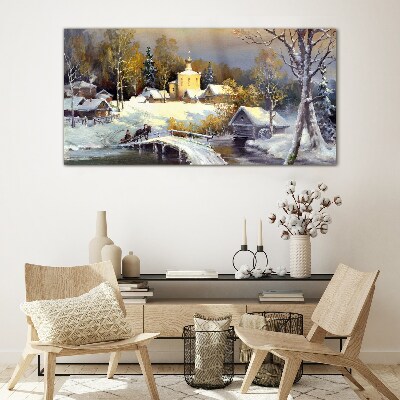 Winter landscape with a village church Glass Print