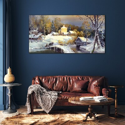 Winter landscape with a village church Glass Print
