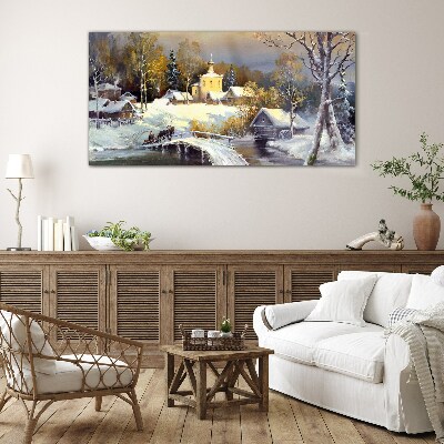 Winter landscape with a village church Glass Print