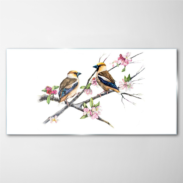 Birds on a branch among flowers Glass Wall Art