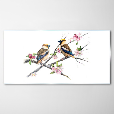 Birds on a branch among flowers Glass Wall Art