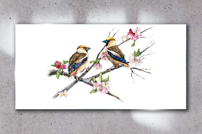 Birds on a branch among flowers Glass Wall Art