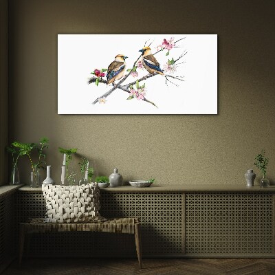 Birds on a branch among flowers Glass Wall Art