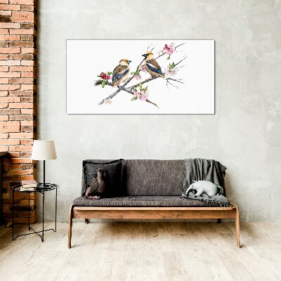 Birds on a branch among flowers Glass Wall Art