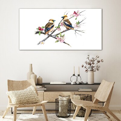 Birds on a branch among flowers Glass Wall Art