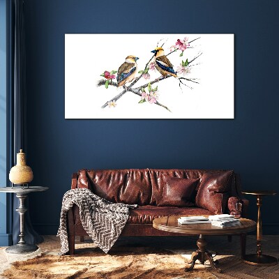 Birds on a branch among flowers Glass Wall Art