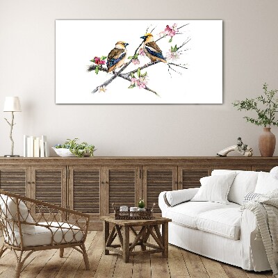 Birds on a branch among flowers Glass Wall Art