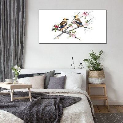 Birds on a branch among flowers Glass Wall Art