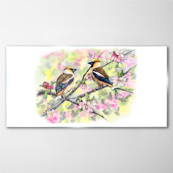 Birds on a branch with flowers Glass Wall Art