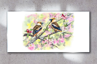 Birds on a branch with flowers Glass Wall Art