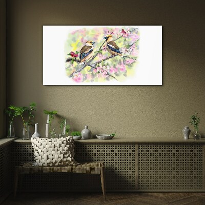 Birds on a branch with flowers Glass Wall Art