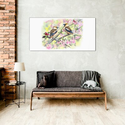 Birds on a branch with flowers Glass Wall Art