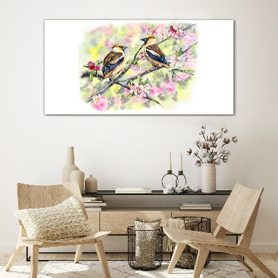 Birds on a branch with flowers Glass Wall Art