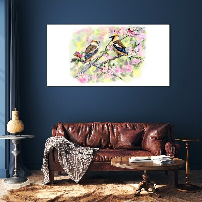 Birds on a branch with flowers Glass Wall Art