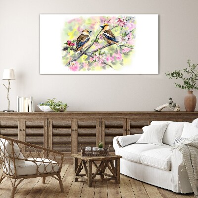 Birds on a branch with flowers Glass Wall Art