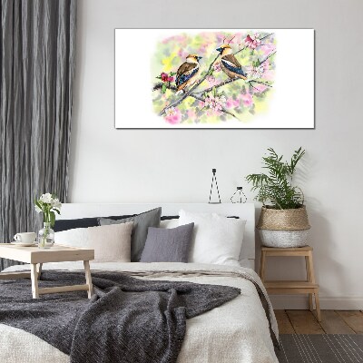 Birds on a branch with flowers Glass Wall Art