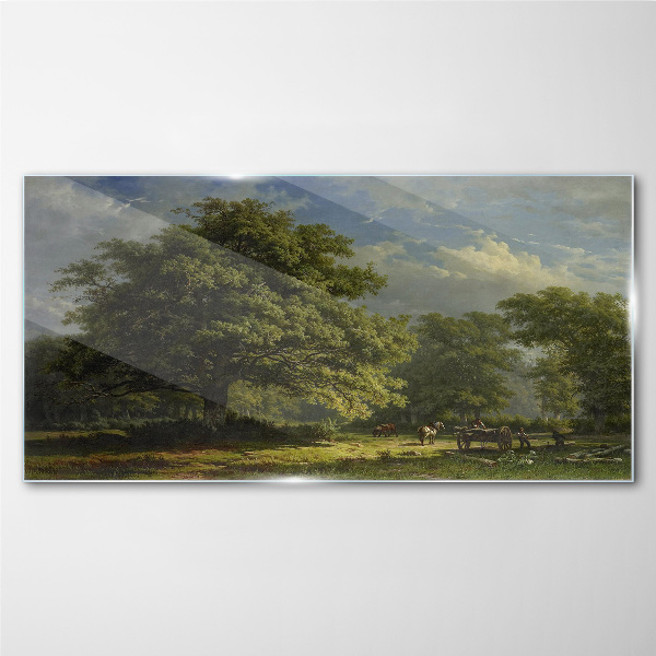 A peaceful landscape with a tree Glass Wall Art