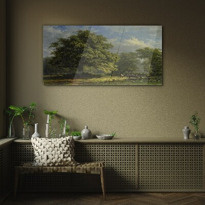 A peaceful landscape with a tree Glass Wall Art