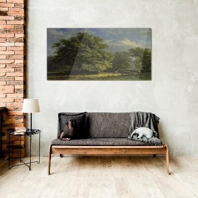 A peaceful landscape with a tree Glass Wall Art