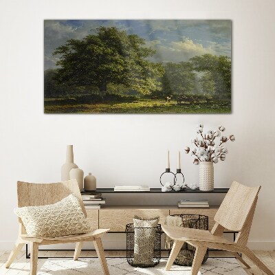 A peaceful landscape with a tree Glass Wall Art