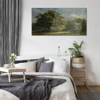 A peaceful landscape with a tree Glass Wall Art