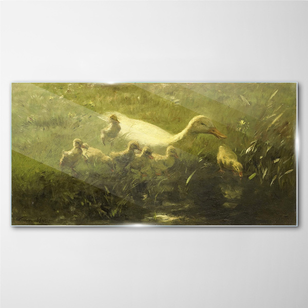 Duck with chicks in the grass Glass Wall Art