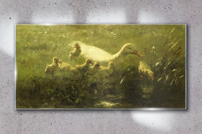 Duck with chicks in the grass Glass Wall Art