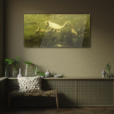 Duck with chicks in the grass Glass Wall Art