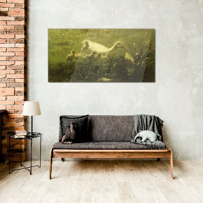 Duck with chicks in the grass Glass Wall Art