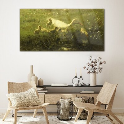 Duck with chicks in the grass Glass Wall Art