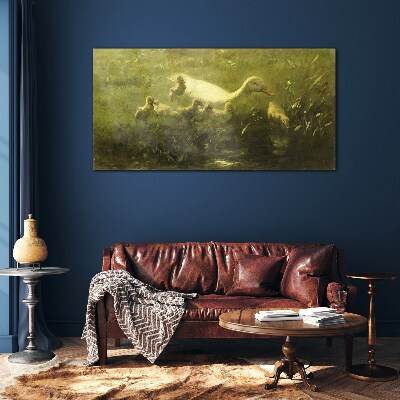 Duck with chicks in the grass Glass Wall Art