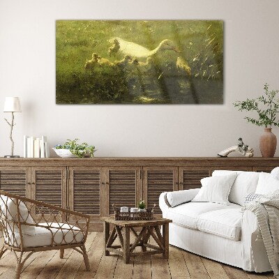 Duck with chicks in the grass Glass Wall Art