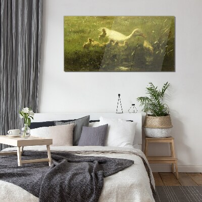 Duck with chicks in the grass Glass Wall Art